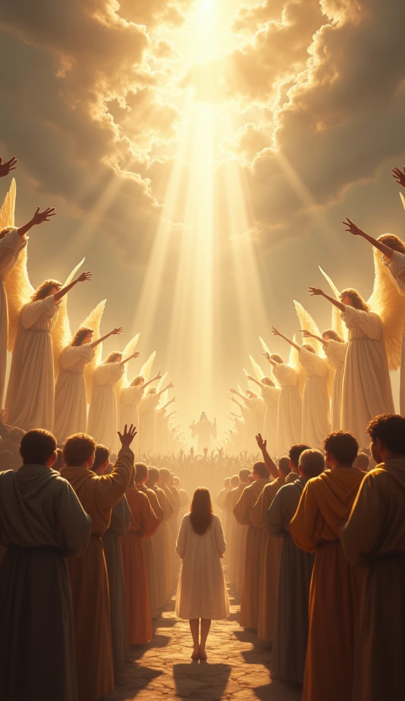 people looking at the clouds that are full of angels playing trumpets