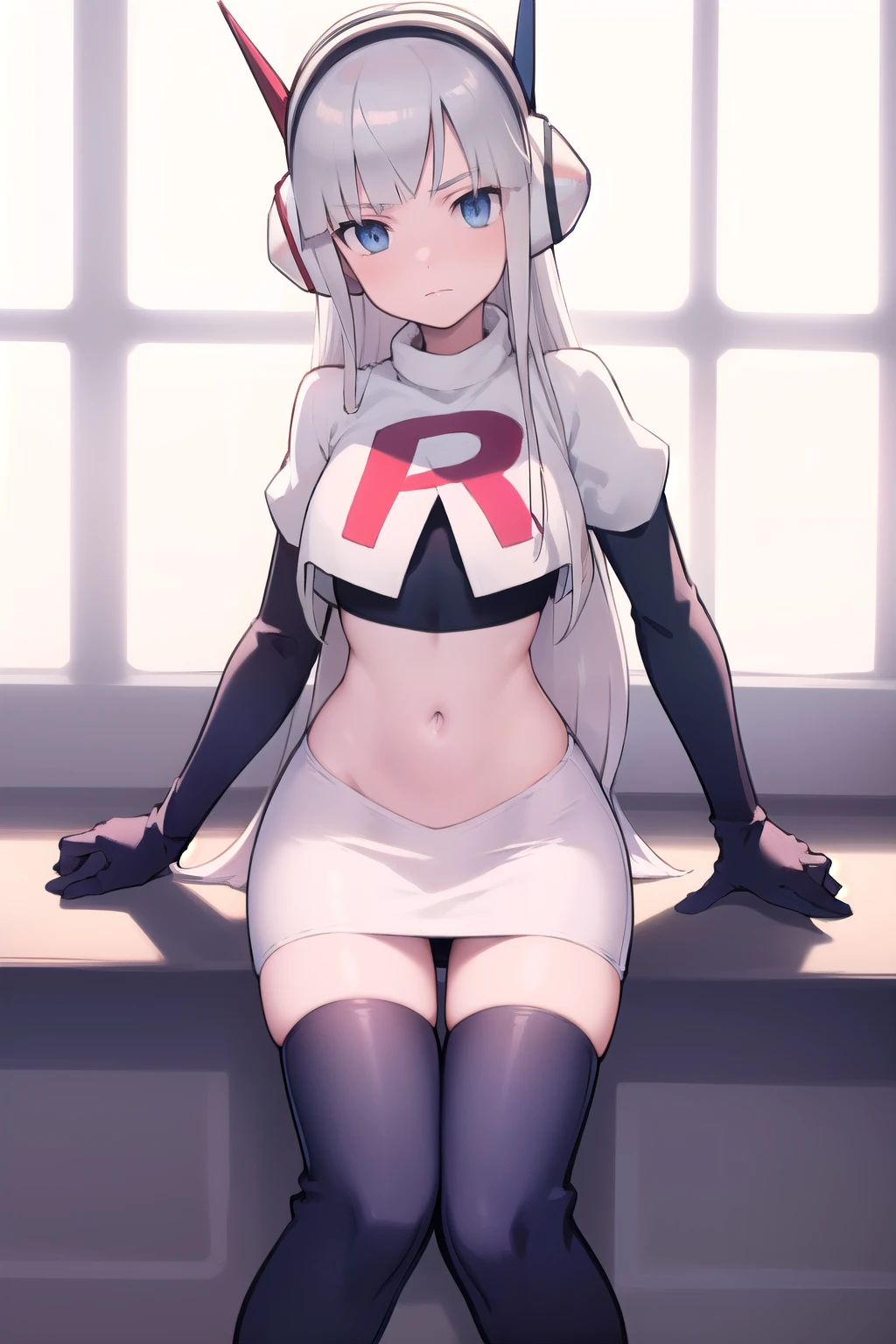 masterpiece, best quality, bw2elesa, silver hair, blue eyes, streaked hair, long sidelocks, hair ornaments, headphones, team rocket,team rocket uniform,white skirt,red letter R,crop top,black thigh-highs,black elbow gloves, looking at viewer, 