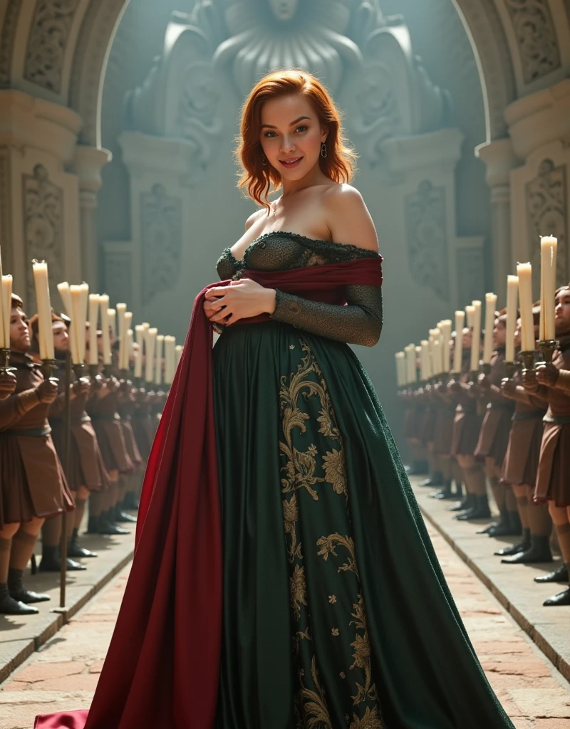 (fullbody shot:1.1): (long shot:1.1): (looks to viewer:1.1): generate landscape image, bright photo 1080P, beautiful XL-size woman 30-35 years 5.1ft with short dark red sort wavy hair her face is brightly lit, stands before the swords throne of Targaryen in bigges castle throne hall, wearing long dark green lace with rich embroidery off sholder nobile an ornate clothes deepest U-neckline biggest lush saggy abnormal breasts, armed with guards in knightly armor, carved in stone dragon face looking down at the queen behinde a throne, A beautiful Daenerys Targaryen aesthetic with short curly dark red hair, she is wearing dark green royal armor with a dark red nobile an ornate cloak, high leather boots, She is standing to the Iron Throne in a great throne hall, The walls are decorated with candles ,long camera shot from front the character, the light is directed at her face, her face is brightly lit, ((best qualityer)) , (detailded), Dazzling Visenya Targaryen, black dragon armor, Valerian steel Sword, Recreate various painters of the painter Caravaggio, best qualityer, Closed environment, day ambience, brightest light, stars in the sky, Masterpiece artwork, high resolution, 8k, hyper-realistic image, professional photo, PICTURE REALISTIC, full body view, front angle shot, best qualityer, Masterpiece artwork, high resolution, 8k, hyper-realistic image, professional photo, PICTURE REALISTIC, full body view, front angle shot