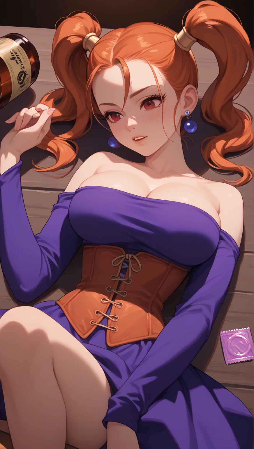 anime screencap, jessica albert, orange hair, red eyes, twintails, large breasts,
bare shoulders, cleavage, dress, earrings, jewelry, off shoulder, off-shoulder dress, purple shirt, shirt, strapless, strapless dress, corset,    , close up, bar, drunk,  nude, sex, missionary, 1boy, 1girl, couple, hetero male,  interracial, very dark skin, african male, dark skinnend male, male with dreadlocks, blaick haired male, condom
, dynamic angle, 