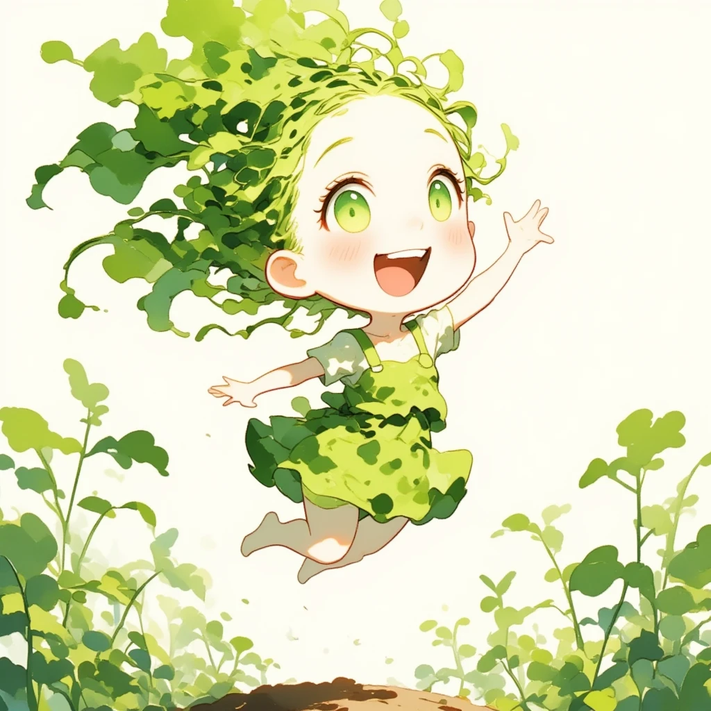 Chibi cute, 1 daikon lady, solo, full body, jump into the air, Green big eyes, Green leaves long hair, bangs, pure white skin, wearing green camisole one-piece long dress over white short sleeve T-shirt, happy smile with open mouth