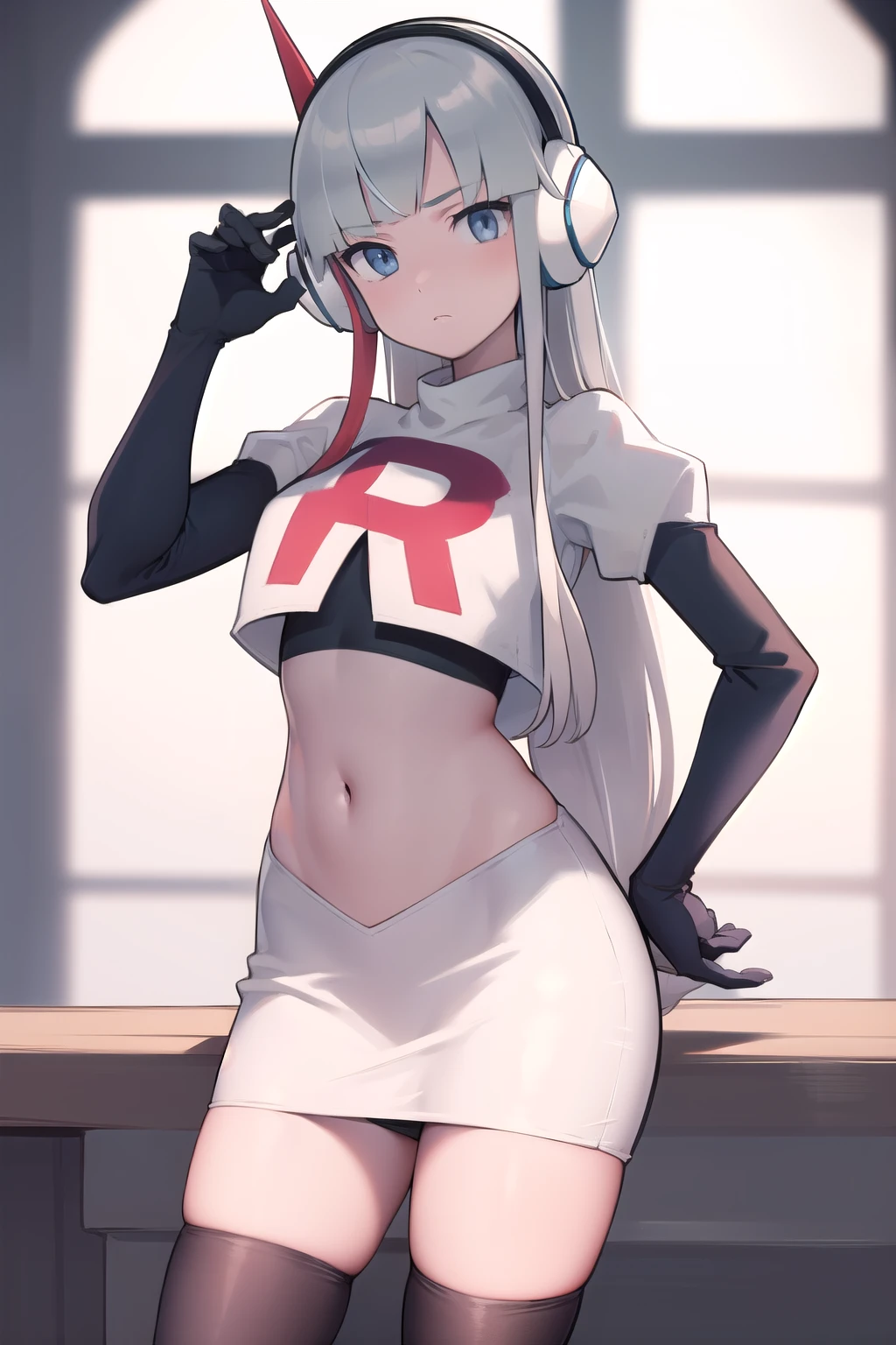 masterpiece, best quality, bw2elesa, silver hair, blue eyes, streaked hair, long sidelocks, hair ornaments, headphones, team rocket,team rocket uniform,white skirt,red letter R,crop top,black thigh-highs,black elbow gloves, looking at viewer, 