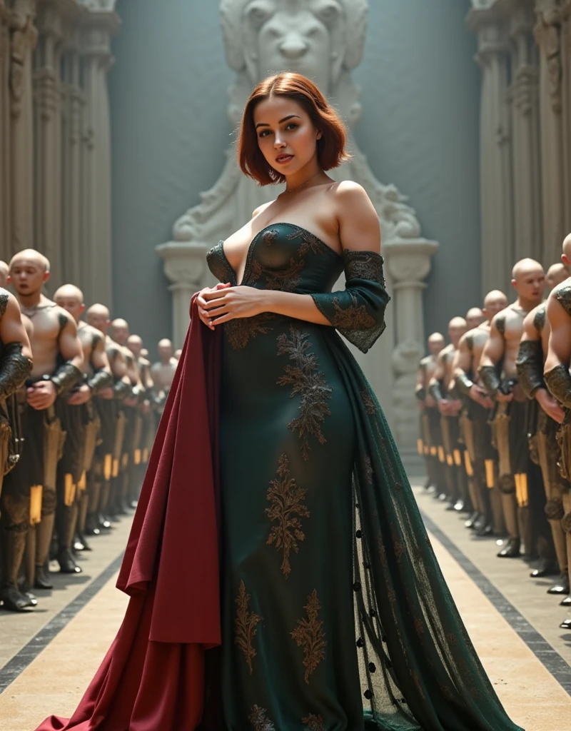 (fullbody shot:1.1): (long shot:1.1): (looks to viewer:1.1): generate landscape image, bright photo 1080P, beautiful XL-size woman 30-35 years 5.1ft with short dark red sort wavy hair her face is brightly lit, stands before the swords throne of Targaryen in bigges castle throne hall, wearing long dark green lace with rich embroidery off sholder nobile an ornate clothes deepest U-neckline biggest lush saggy abnormal breasts, armed with guards in knightly armor, carved in stone dragon face looking down at the queen behinde a throne, A beautiful Daenerys Targaryen aesthetic with short curly dark red hair, she is wearing dark green royal armor with a dark red nobile an ornate cloak, high leather boots, She is standing to the Iron Throne in a great throne hall, The walls are decorated with candles ,long camera shot from front the character, the light is directed at her face, her face is brightly lit, ((best qualityer)) , (detailded), Dazzling Visenya Targaryen, black dragon armor, Valerian steel Sword, Recreate various painters of the painter Caravaggio, best qualityer, Closed environment, day ambience, brightest light, stars in the sky, Masterpiece artwork, high resolution, 8k, hyper-realistic image, professional photo, PICTURE REALISTIC, full body view, front angle shot, best qualityer, Masterpiece artwork, high resolution, 8k, hyper-realistic image, professional photo, PICTURE REALISTIC, full body view, front angle shot