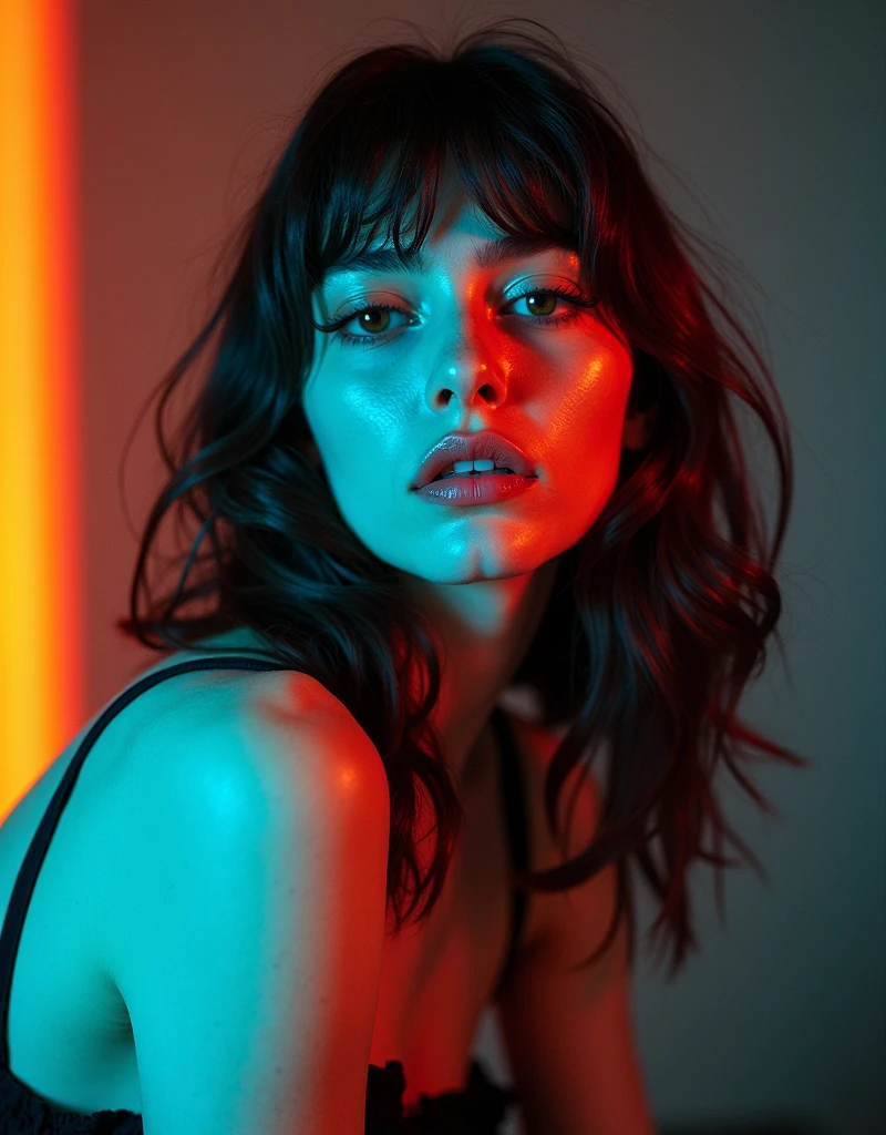 ultra-detailed, realistic, wallpaper,woman, disheveled, edge of squirt, hard breath, bob cut, sexual tension, red lips, sexy despair, sweat, desperation loosing control, turtleneck, void, abstract, orange blue,