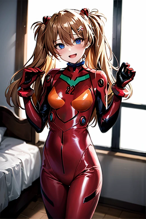 (( best quality)), ((masterpiece)), (be familiar with),  perfect face, indoor, bedroom,  viewer,
One woman,  Soryu Asuka Langley ,
 open mouth,  ecstatic expression with hands in front of body, blush, smile,
Small breasts,  flat chested, Young girl, Lori,  s,  girl,
 long hair,  twin tails,
Leg spread,