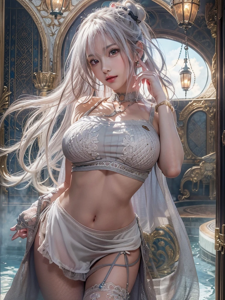 photorealistic, high resolution, 1 woman, solo, hips up, detailed face, beautiful eyes, narrow waist, white long hair, huge breast, bracelets,elegant necklace, elegant diamond earrings, sheer dress, no underwear