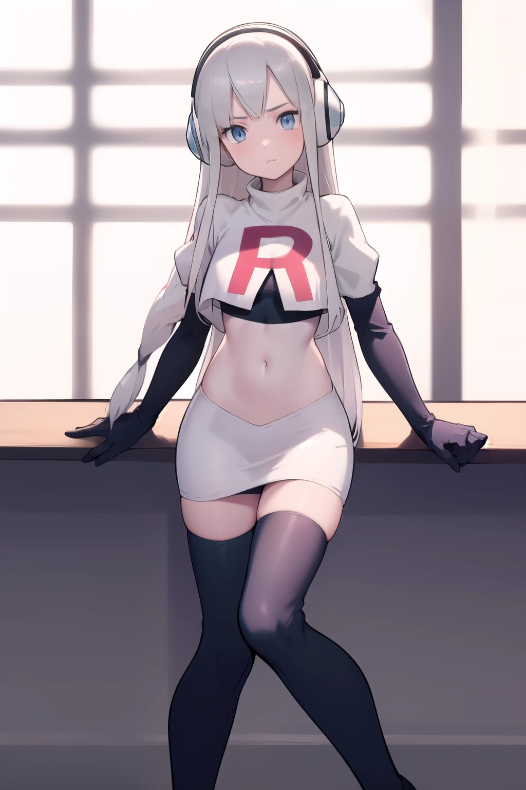 masterpiece, best quality, bw2elesa, silver hair, blue eyes, streaked hair, long sidelocks, hair ornaments, headphones, team rocket,team rocket uniform,white skirt,red letter R,crop top,black thigh-highs,black elbow gloves, looking at viewer,