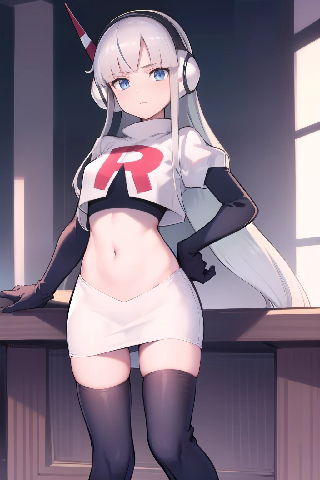 masterpiece, best quality, bw2elesa, silver hair, blue eyes, streaked hair, long sidelocks, hair ornaments, headphones, team rocket,team rocket uniform,white skirt,red letter R,crop top,black thigh-highs,black elbow gloves, looking at viewer, 