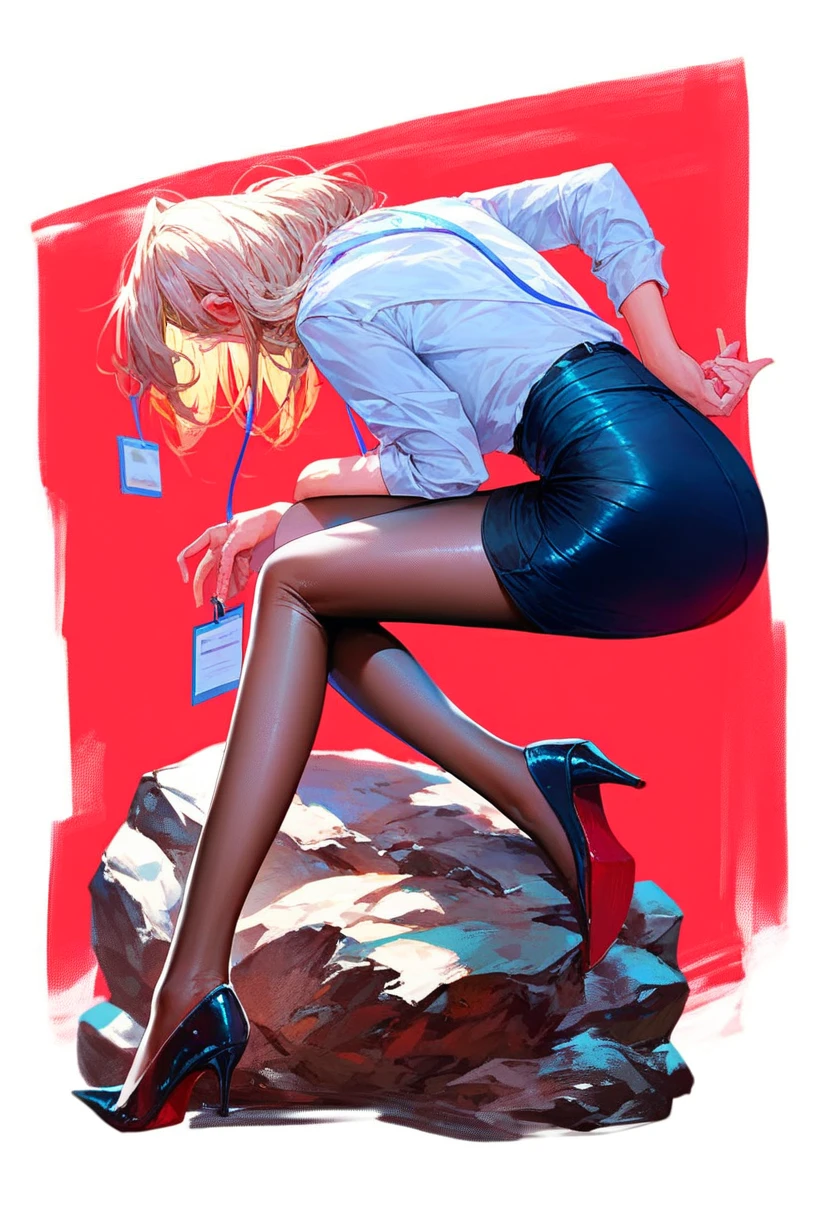 (score_9, score_8_up:1.1),score_7_up,1girl,solo,tall blonde,red background,from behind,,ruanyi0506,pantyhose,miniskirt,office lady,lanyard,sitting on rock,