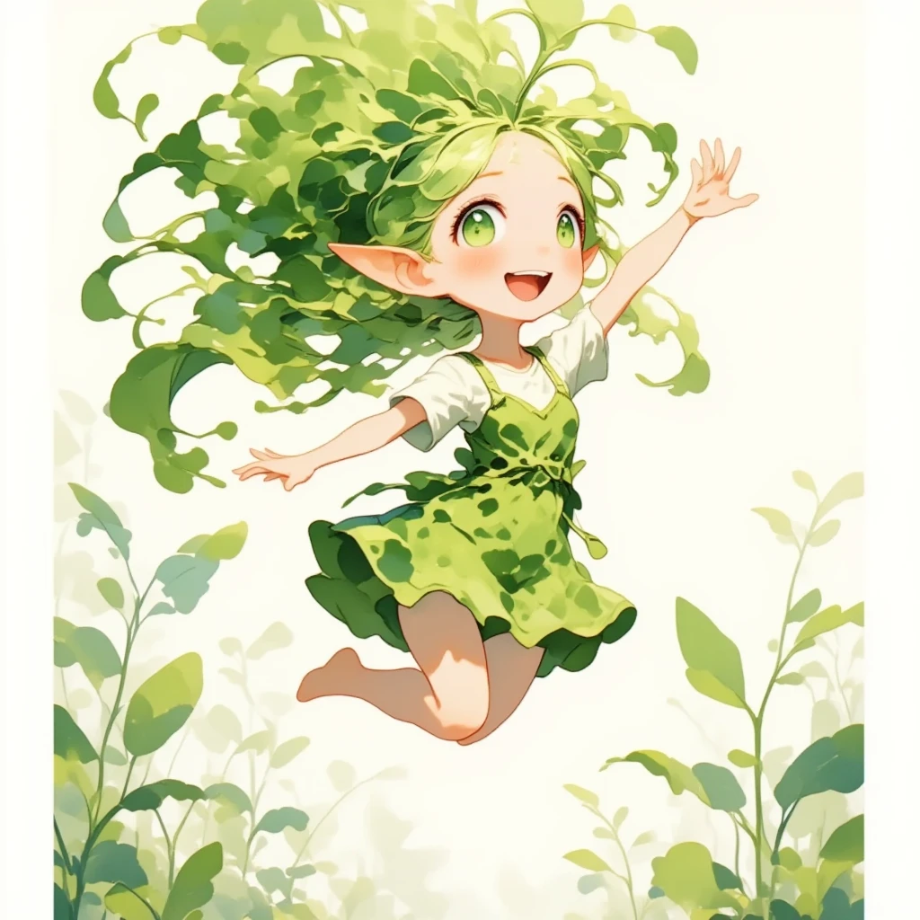 Chibi cute, 1 daikon lady, solo, full body, jump into the air, Green big eyes, Green leaves long hair, bangs, pointy ears, pure white skin, wearing green camisole one-piece long dress over white short sleeve T-shirt, happy smile with open mouth