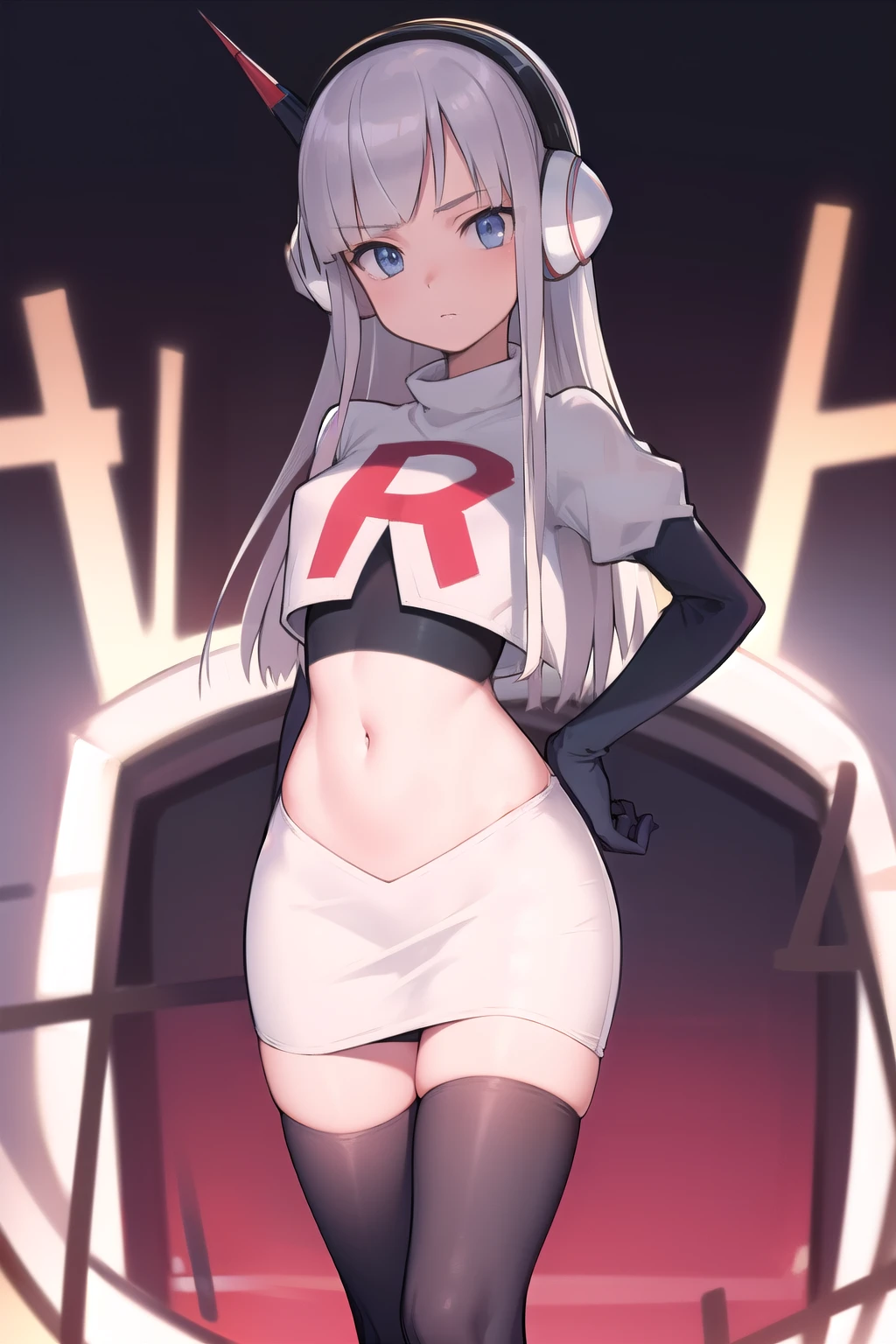 masterpiece, best quality, bw2elesa, silver hair, blue eyes, streaked hair, long sidelocks, hair ornaments, headphones, team rocket,team rocket uniform,white skirt,red letter R,crop top,black thigh-highs,black elbow gloves, looking at viewer, 