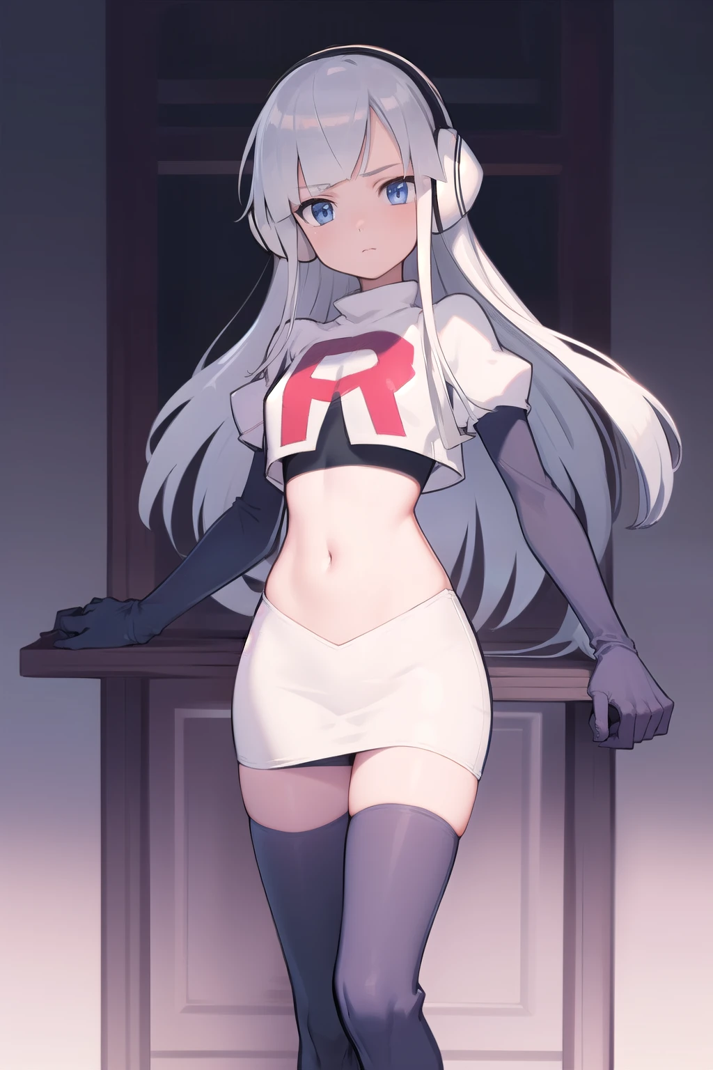 masterpiece, best quality, bw2elesa, silver hair, blue eyes, streaked hair, long sidelocks, hair ornaments, headphones, team rocket,team rocket uniform,white skirt,red letter R,crop top,black thigh-highs,black elbow gloves, looking at viewer, 