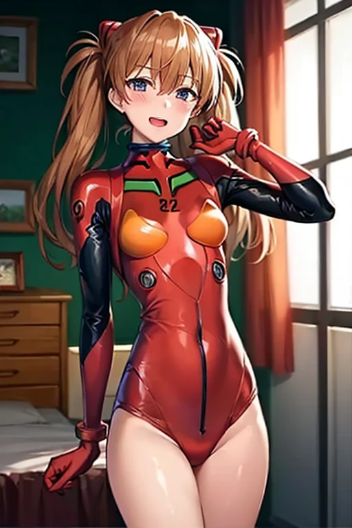 (( best quality)), ((masterpiece)), (be familiar with),  perfect face, indoor, bedroom,  viewer,
One woman,  Soryu Asuka Langley ,
 open mouth,  ecstatic expression with hands in front of body, blush, smile,
Small breasts,  flat chested, Young girl, Lori,  s,  girl,
 long hair,  twin tails,
Leg spread,