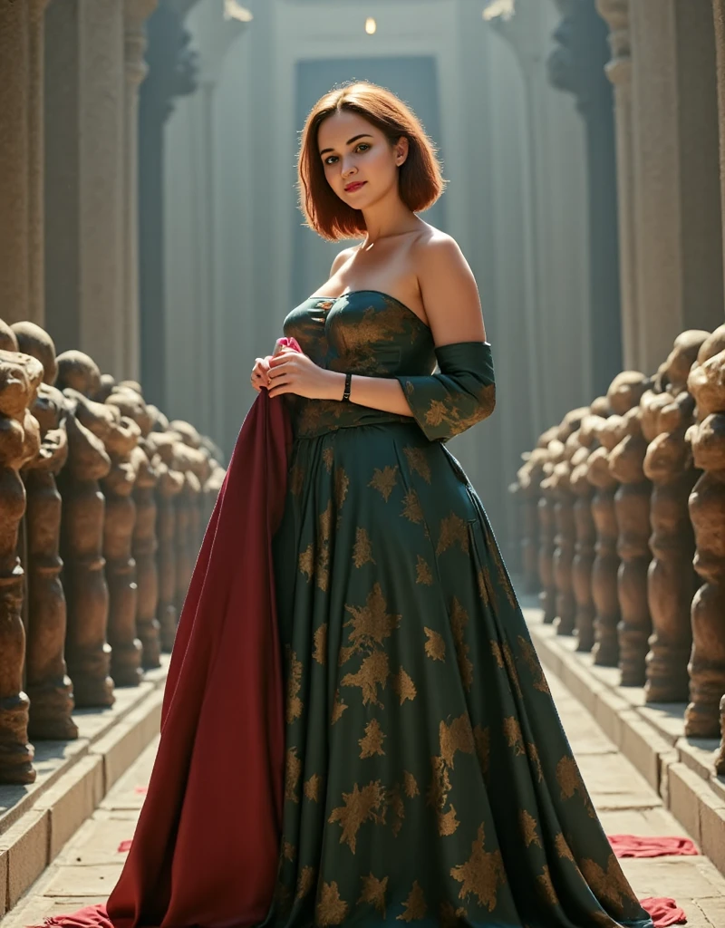 (fullbody shot:1.1): (long shot:1.1): (looks to viewer:1.1): generate landscape image, bright photo 1080P, beautiful XL-size woman 30-35 years 5.1ft with short dark red sort wavy hair her face is brightly lit, stands before the swords throne of Targaryen in bigges castle throne hall, wearing long dark green lace with rich embroidery off sholder nobile an ornate clothes deepest U-neckline biggest lush saggy abnormal breasts, armed with guards in knightly armor, carved in stone dragon face looking down at the queen behinde a throne, A beautiful Daenerys Targaryen aesthetic with short curly dark red hair, she is wearing dark green royal armor with a dark red nobile an ornate cloak, high leather boots, She is standing to the Iron Throne in a great throne hall, The walls are decorated with candles ,long camera shot from front the character, the light is directed at her face, her face is brightly lit, ((best qualityer)) , (detailded), Dazzling Visenya Targaryen, black dragon armor, Valerian steel Sword, Recreate various painters of the painter Caravaggio, best qualityer, Closed environment, day ambience, brightest light, stars in the sky, Masterpiece artwork, high resolution, 8k, hyper-realistic image, professional photo, PICTURE REALISTIC, full body view, front angle shot, best qualityer, Masterpiece artwork, high resolution, 8k, hyper-realistic image, professional photo, PICTURE REALISTIC, full body view, front angle shot