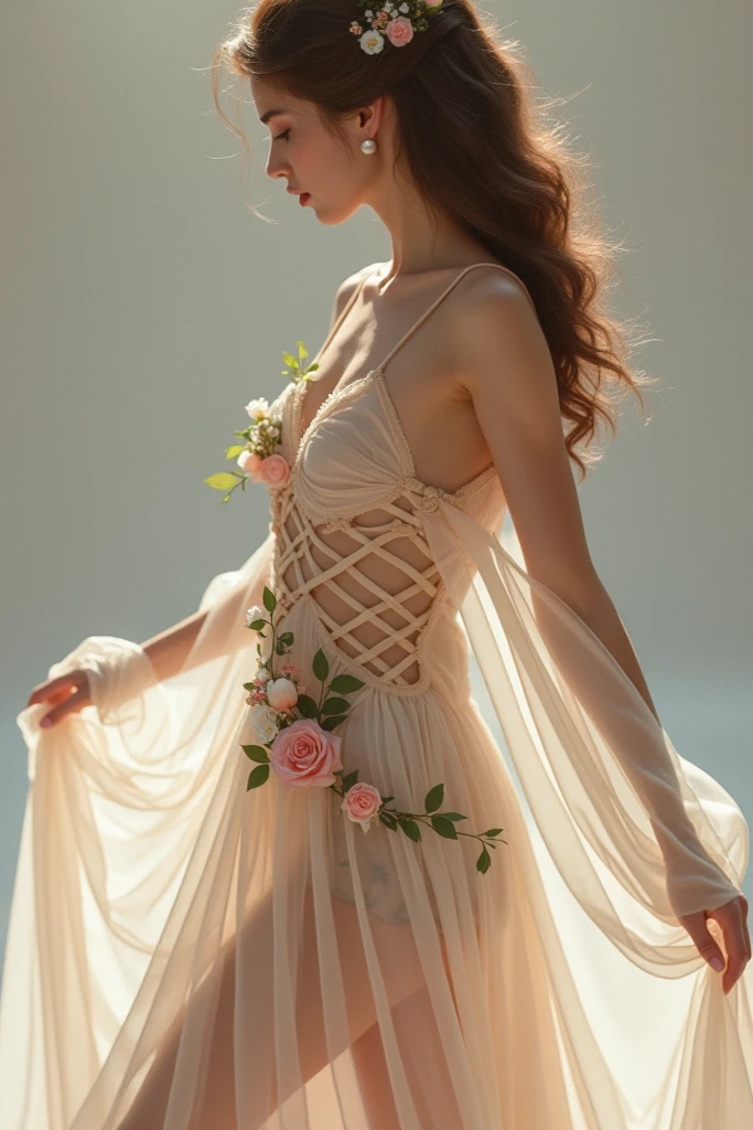 nude silk gown with crisscross cream-velvet ribbons and pastel flowers