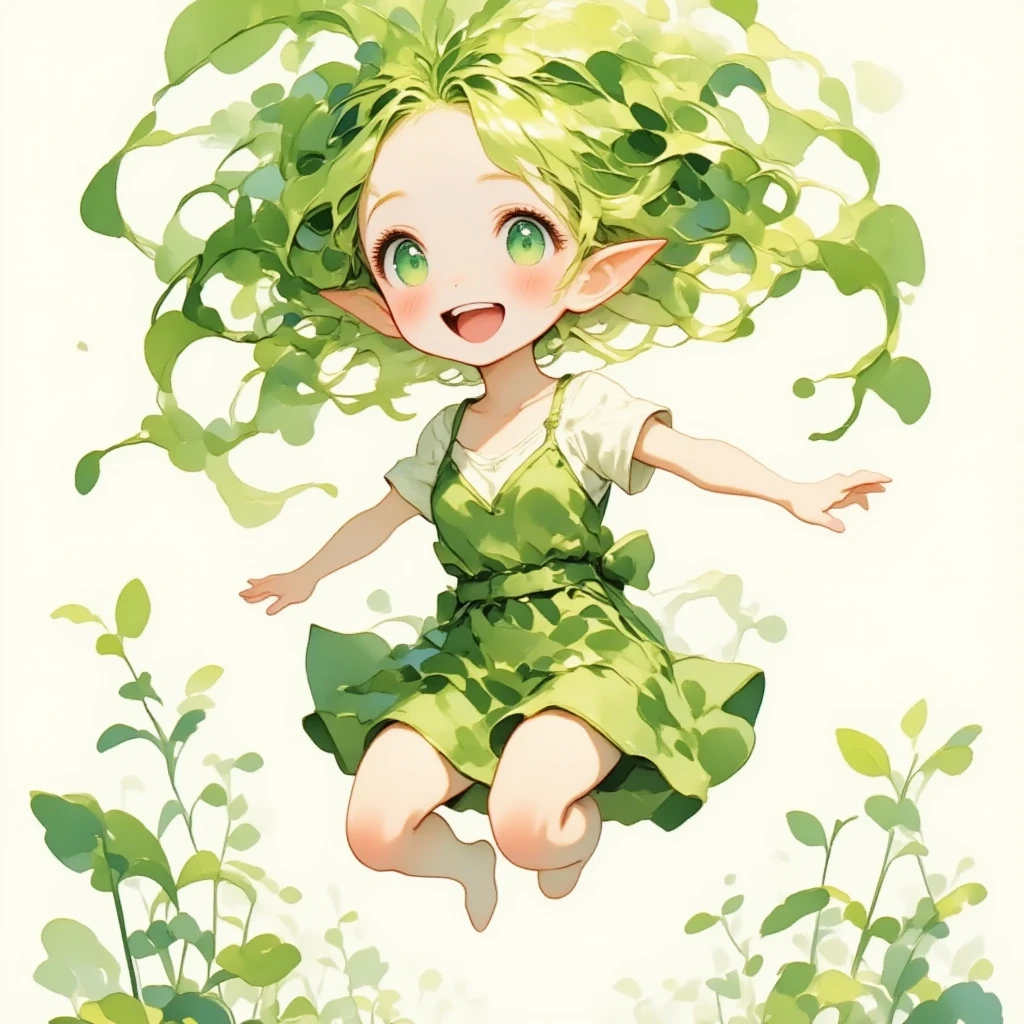 Chibi cute, 1 daikon lady, solo, full body, jump into the air, Green big eyes, Green leaves long hair, bangs, pointy ears, pure white skin, wearing green camisole one-piece long dress over white short sleeve T-shirt, happy smile with open mouth