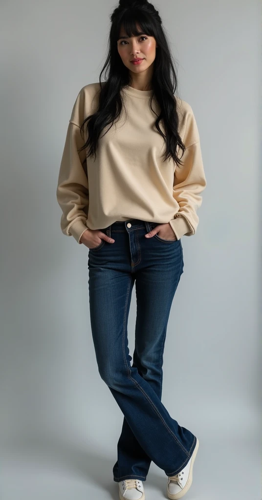 Woman. 31 years old. 1.80m tall. 86kg weight. Lanky, long limbs. Wide hips and wide shoulders. Slight belly paunch. Wavy black hair with long bangs, partial updo. Massive torpedo shaped breasts stretching against her thin sweatshirt. Boot cut dark blue jeans. Hemp sneakers. Slightly upturned nose. Big nose. Round face. Big rosy cheeks. Intellectual. Friendly demeanor.