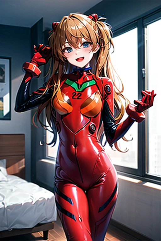 (( best quality)), ((masterpiece)), (be familiar with), perfect face, indoor, bedroom, viewer,
One woman, Soryu Asuka Langley ,
open mouth, ecstatic expression with hands in front of body, blush, smile,
Small , , Young girl, Lori, s, girl,
long hair, twin tails,
Leg spread,