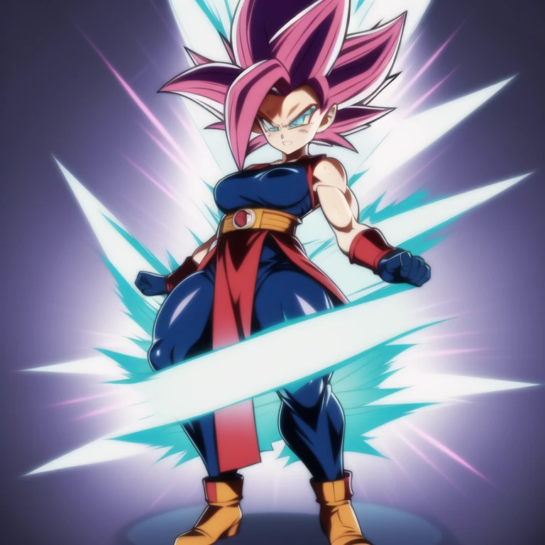 dbsuper style, 
Petite  Girl, green aura, super saiyan aura, belt, purple colored hair, huge hair, bruise, bruise on face, clenched hands, frown, Mage's hat, gloves, blue eyes, grey gloves, evil grin, medium breasts, petite, soft muscles, solo, spiked hair, super saiyan, super saiyan 4, mouth opened, furious,  Magician clothes, Super Saiyan 2' aura
, ((masterpiece)) 
