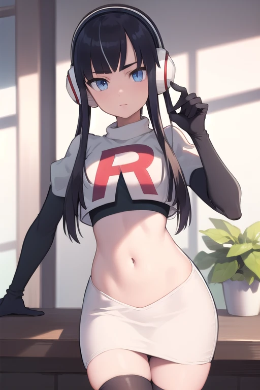 masterpiece, best quality, bw2elesa, black hair, blue eyes, streaked hair, long sidelocks, hair ornaments, headphones, team rocket,team rocket uniform,white skirt,red letter R,crop top,black thigh-highs,black elbow gloves, looking at viewer, 