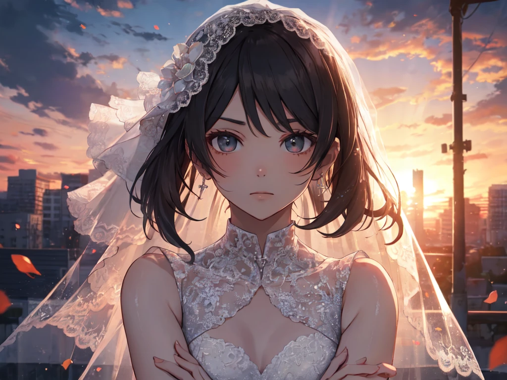 Solo, Single Female, (Human Ear, Earring), (Crossed Arms), (Anime Face), (Hair Accessory), (((Black See-Through Wedding Dress))), (Sunset Sky, Sunset), Evening Sky), (Focus on Chest, Oblique Upward Angle), (High Resolution, Masterpiece, Accurate, Anatomically Correct, Multiple Award Winning, Top Quality, Detailed, High Quality Model, High Quality, Retina, Highly Detailed), Textured Skin, Ultra High Resolution)