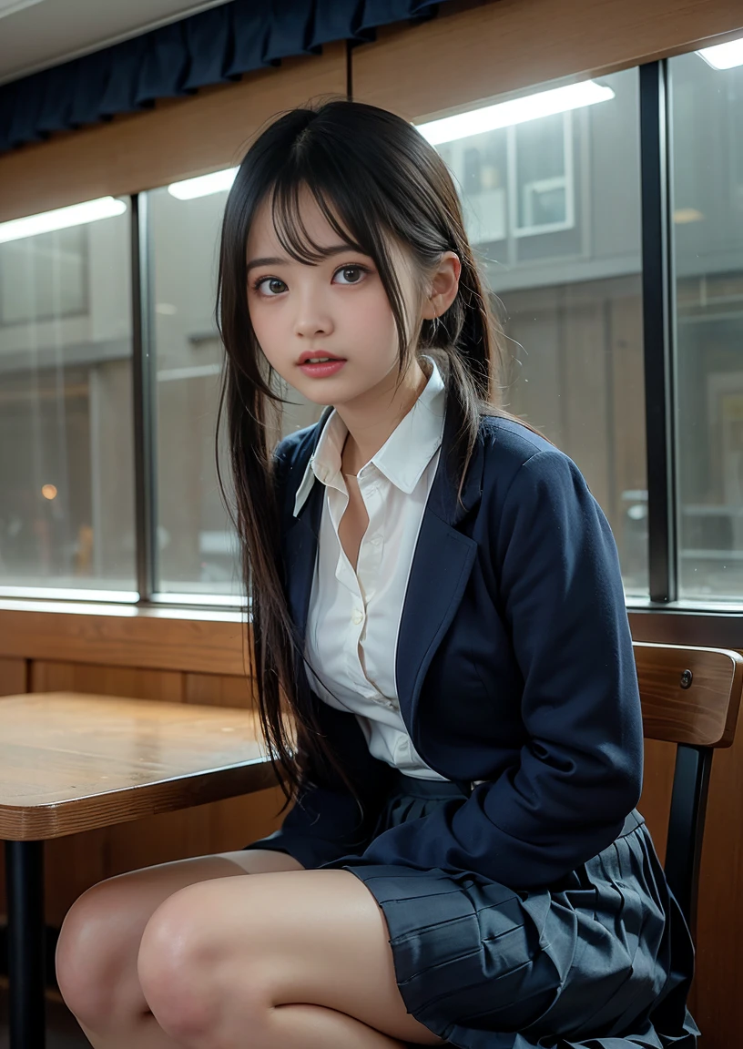 (8K, Raw photography, top-quality, ​masterpiece:1.2),  One Woman、Japan at the age of 18,fullllbody.{scinematic angle、Wide Angle}（Realistic Skins 1.4）、（（（female high-school student、School Uniforms、）））、{{Sitting on a chair、simple background、Gray background}}（（School Uniforms、Cutter shirt、pleatedskirt、Slippers、））、50mm Lens、30mm film、wide angles、（long、straight haired、）、（A dark-haired、The forehead is hidden by bangs、）、Black eyes、shinny skin.Beautiful delicate face、Beautiful delicate eyes、｛tiny chest、Voluptuous body shape、Thicker thighs｝、One piercing in each ear、