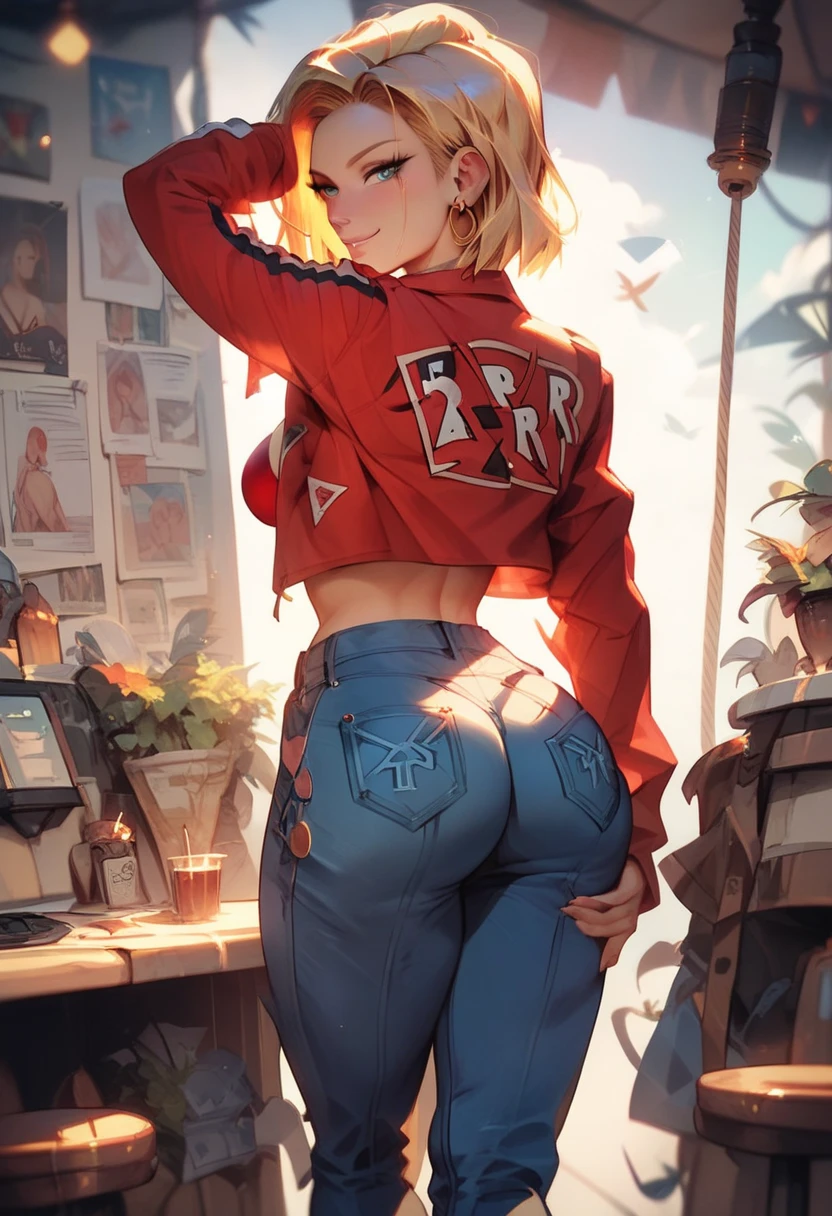 (masterpiece), android 18,best quality, expressive eyes, sexy smile, rear view, perfect face, a red hear woman, in a red bikini, no Jeans  with long leg, big hips and gorgeous gest