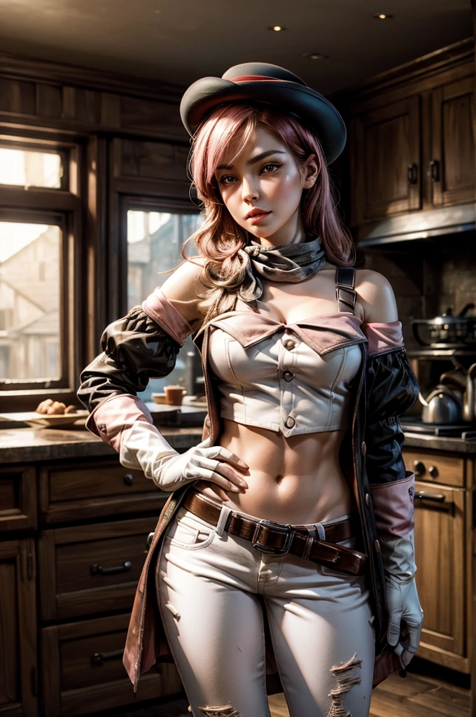 pink and brown hair, multicolored hair, neopolitanatlas, bowler hat, grey scarf, white gloves, white shirt, off-shoulder shirt, black sleeves, midriff, white belt, white pants, post apocalyptic scene, inside old kitchen, debris, bonfire, standing near soldiers, crowd, ((night, stars)), cowboy shot, masterpiece, heart shaped face, elegant face, beautiful face, highly detailed cafe, face, highly detailed skin, skin pores, subsurface scattering, realistic pupils, looking at viewer, full lips, detailed background, depth of field, atmospheric perspective, volumetric lighting, sharp focus, absurdres, realistic proportions, good anatomy, (realistic, hyperrealistic:1.4), 16k hdr,