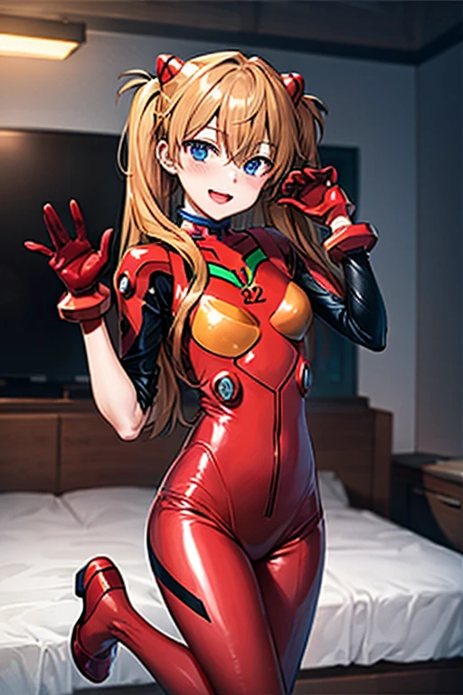 (( best quality)), ((masterpiece)), (be familiar with),  perfect face, indoor, bedroom,  viewer,
One woman,  Soryu Asuka Langley ,
 open mouth,  ecstatic expression with hands in front of body, blush, smile,
Small breasts,  flat chested, Young girl, Lori,  s,  girl,
 long hair,  twin tails,
Leg spread,