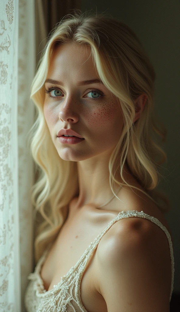 A close up photo of blond woman, with an onion-like face with white skin when you press it it turns light red, red blushes, long ondulating hair, (busty:1.2), black lace bra, Victorian era, Victorian style photography, anthotype print