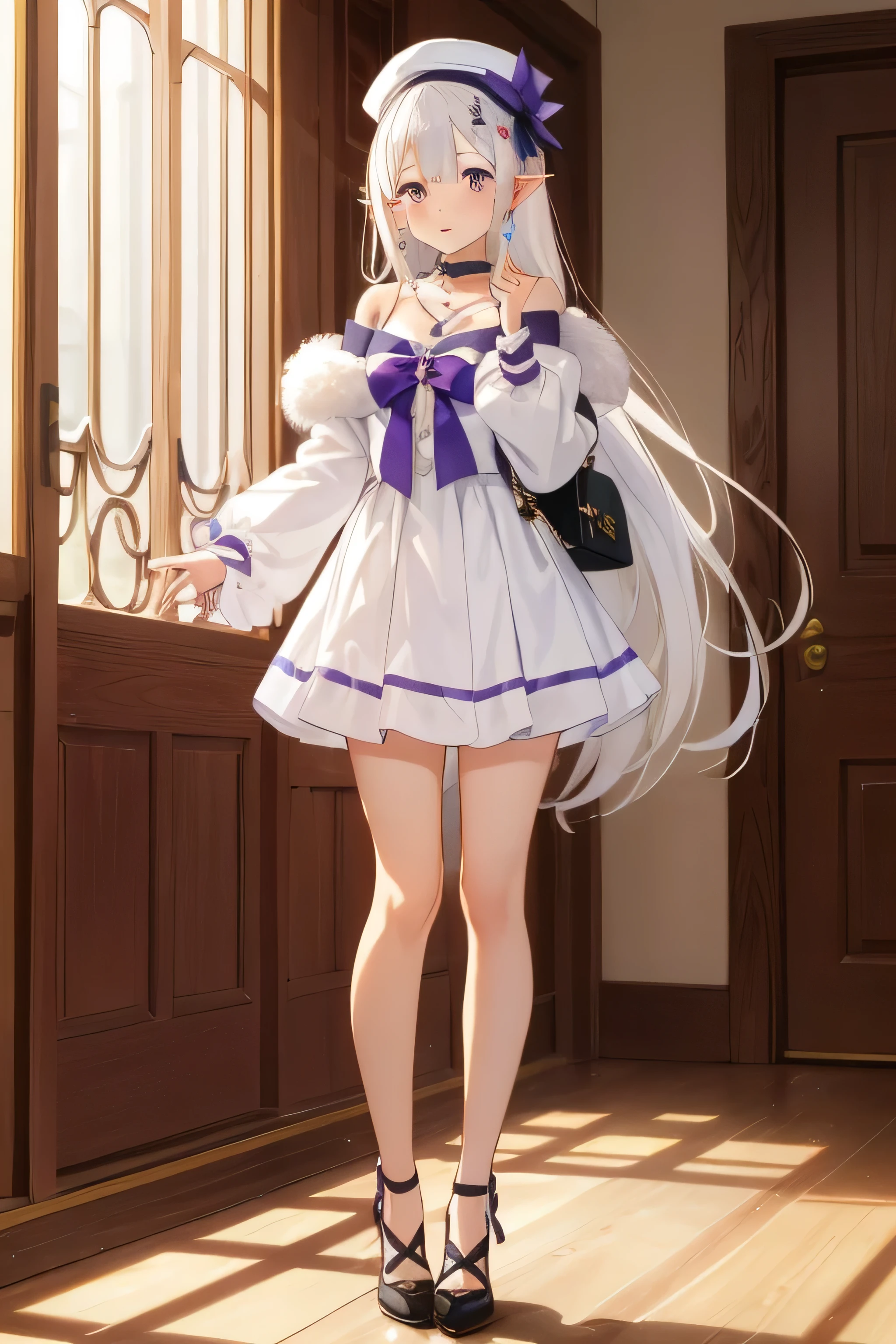  ç±èèé ,1 ,Emilia (era:Zero), pointy ears ,geray hair,white hair, very long hair ,short bangs,purple eyes,crown braid ,sidelocks,X Hair Ornament,flower hair,Purple ribbon, very long hair ,
 inside the house,standing, longe da camera,
 white plush hat ,pink bow, white necklace,collar,white derass,long sleeves,erad handbag,capa branca,fur trim,white spheeraï¼,  Exquisite looks ,  high definition,  masterpiece , best quality, Exquisite looks , high definition,  masterpiece , best quality,18 years old, young woman ,pretty fingers, Beautiful long legs , beautiful body , cute character design,