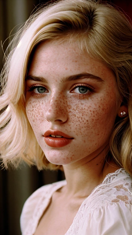 analog photo,ussr,film grain,Beautiful blonde young woman with freckles,full lips,lace clothes