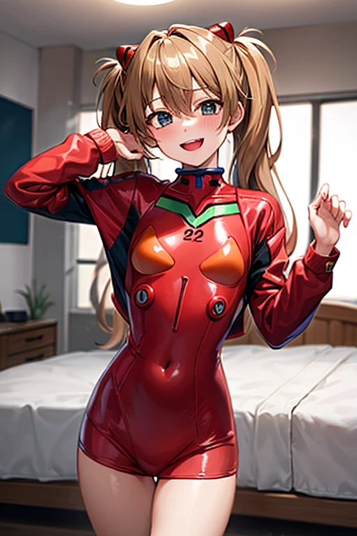 (( best quality)), ((masterpiece)), (be familiar with),  perfect face, indoor, bedroom,  viewer,
One woman,  Soryu Asuka Langley ,
 open mouth,  ecstatic expression with hands in front of body, blush, smile,
Small breasts,  flat chested, Young girl, Lori,  s,  girl,
 long hair,  twin tails,
Leg spread,