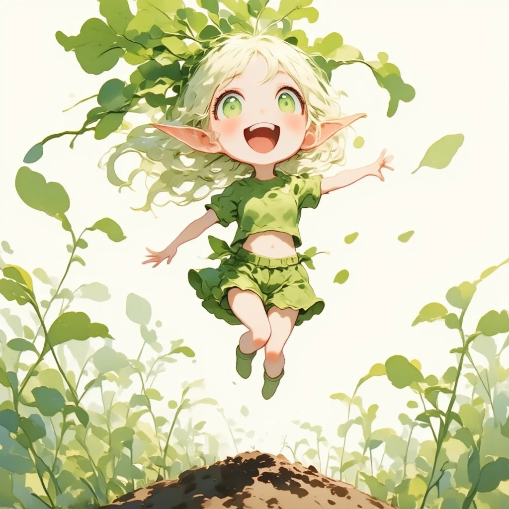 Chibi cute, 1 daikon lady, solo, full body, jump into the air, Green big eyes, Green leaves bob cut hair, blunt bangs, pointy ears, pure white skin, wearing green puff sleeves cropped shirt, navel, green shorts, happy smile with open mouth