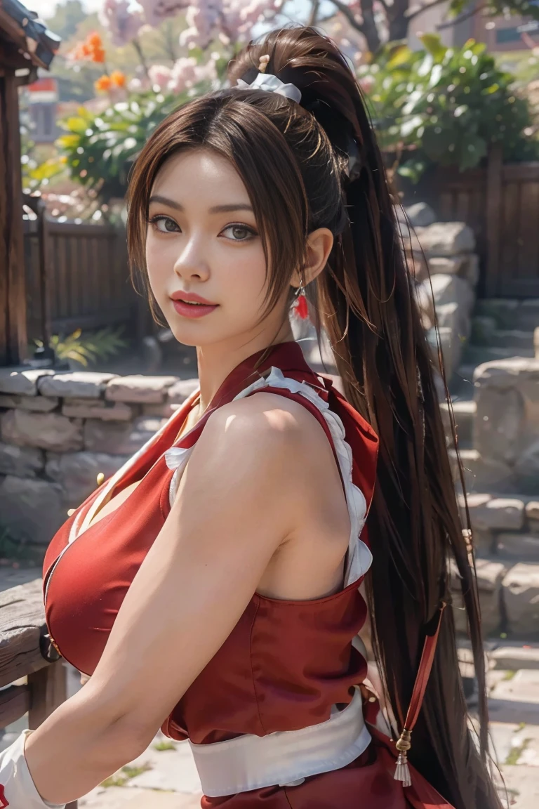 Mai Shiranui  ,   Brown Eyes  ,   Japanese Beauty，smile long hair,  brown hair, ( red clothes:1.3)，super Big Breasts，   sleeveless,   ponytail,  pelvic curtain, Arm guard, Gloves, or，full的胸部，   Seductive Expression  , Sexy Eyes, Big Breasts, smile,   Stunning ,   viewer,  long hair, (  focus on bust:1.2), (:1.2), (Panorama: 1.2), (  realism), (  Masterpiece :1.2), ( best quality), ( super detailed), (8k, 4K,  complicated), (85mm), light particles, light, (  very detailed:1.2), (  detail face :1.2), (  gradient ), sfv, rich and colorful, flower(  delicate eyes full of determination:1.2), (solid color background: 1.2),(   detailed background  ), (  dynamic angle  :1.2), (  dynamic pose with ladle :1.2), (   action line  :1.2),  wide angle lens , Big Breasts，Big Breasts，crowd，full，幸せなsmile，full的，  perfect eye details  ，cute