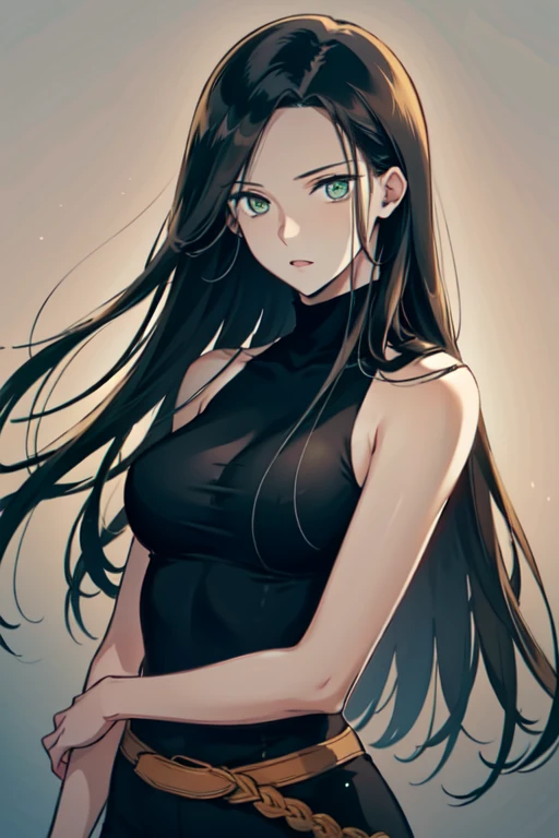 masterpiece, high quality cg, anime, illustration, best quality, 1girl, beautiful face, detailed face, beautiful eyes, detailed eyes, highres, absurdres, altairdb, solo, very long hair, green eyes, tall, looking at viewer, exprressionless, (black hair:1.4), dress, belt, red magnificient dress, sleeveless, adult,  slender body, thin waist, black pants. 