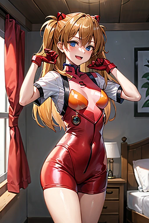 (( best quality)), ((masterpiece)), (be familiar with),  perfect face, indoor, bedroom,  viewer,
One woman,  Soryu Asuka Langley ,
 open mouth,  ecstatic expression with hands in front of body, blush, smile,
Small breasts,  flat chested, Young girl, Lori,  s,  girl,
 long hair,  twin tails,
Leg spread,