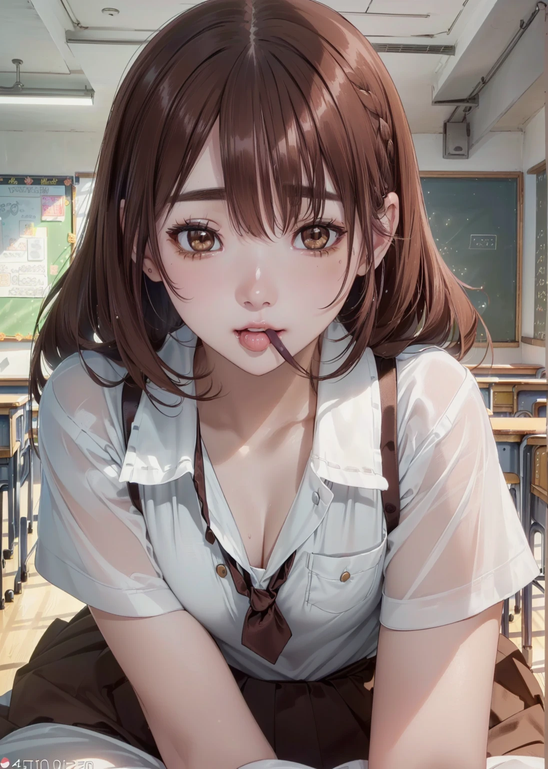 (masterpiece, Highest quality: 1.2), night(Chainsaw Man),(Highly detailed face, The real picture, Realistic Skin, Realistic body, Intricate details), Red eyes (Intimidating look), A slight blush, Social attire, Button-up shirt (white), skirt (black), black belt with buckle, short hair, Small breasts, close, Big thighs, classroom, blackboard.
