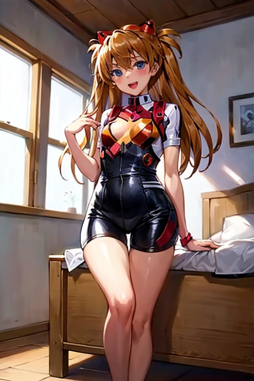 (( best quality)), ((masterpiece)), (be familiar with),  perfect face, indoor, bedroom,  viewer,
One woman,  Soryu Asuka Langley ,
 open mouth,  ecstatic expression with hands in front of body, blush, smile,
Small breasts,  flat chested, Young girl, Lori,  s,  girl,
 long hair,  twin tails,
Leg spread,