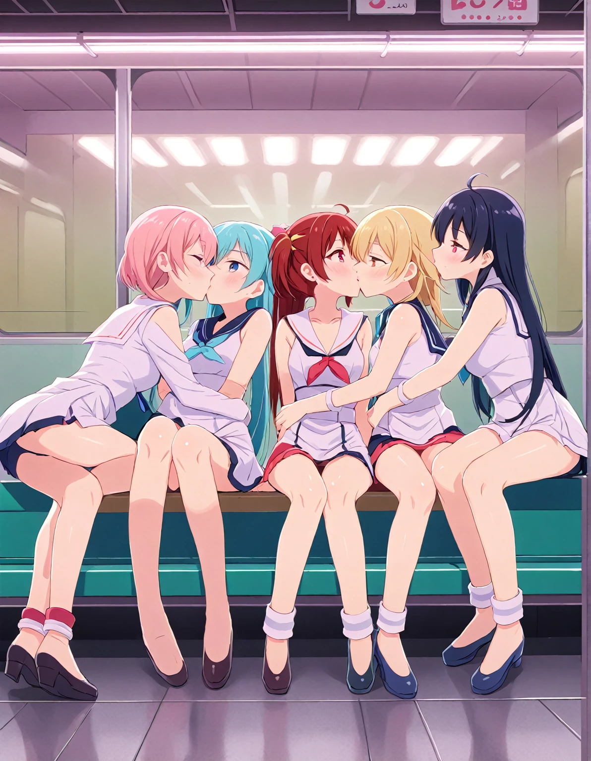 Three girls sitting on a subway bench with their backs to the camera, Naughty Anime style, Anime girls, Naughty,   kissing cutely  , in style of  Kyoto Animation , Lucky Star, cute Anime, dlc,  Kyoto Animation , Naughty style,  hololive , Anime! 4k yen, Anime! 4K, Anime moe artstyle,  happy !!!