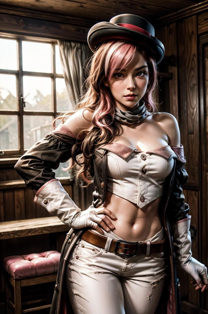 pink and brown hair, multicolored hair, neopolitanatlas, bowler hat, grey scarf, white gloves, white shirt, off-shoulder shirt, black sleeves, midriff, white belt, white pants, post apocalyptic scene, inside old cottage, debris, bonfire, standing near soldiers, crowd, cowboy shot, masterpiece, heart shaped face, elegant face, beautiful face, highly detailed face, highly detailed skin, skin pores, subsurface scattering, realistic pupils, looking at viewer, full lips, detailed background, depth of field, atmospheric perspective, volumetric lighting, sharp focus, absurdres, realistic proportions, good anatomy, (realistic, hyperrealistic:1.4), 16k hdr,