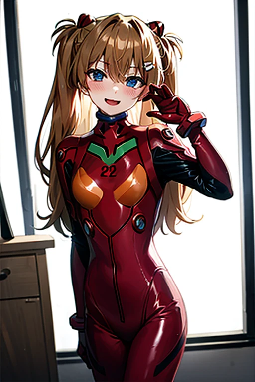 (( best quality)), ((masterpiece)), (be familiar with),  perfect face, indoor, bedroom,  viewer,
One woman,  Soryu Asuka Langley ,
 open mouth,  ecstatic expression with hands in front of body, blush, smile,
Small breasts,  flat chested, Young girl, Lori,  s,  girl,
 long hair,  twin tails,
Leg spread,