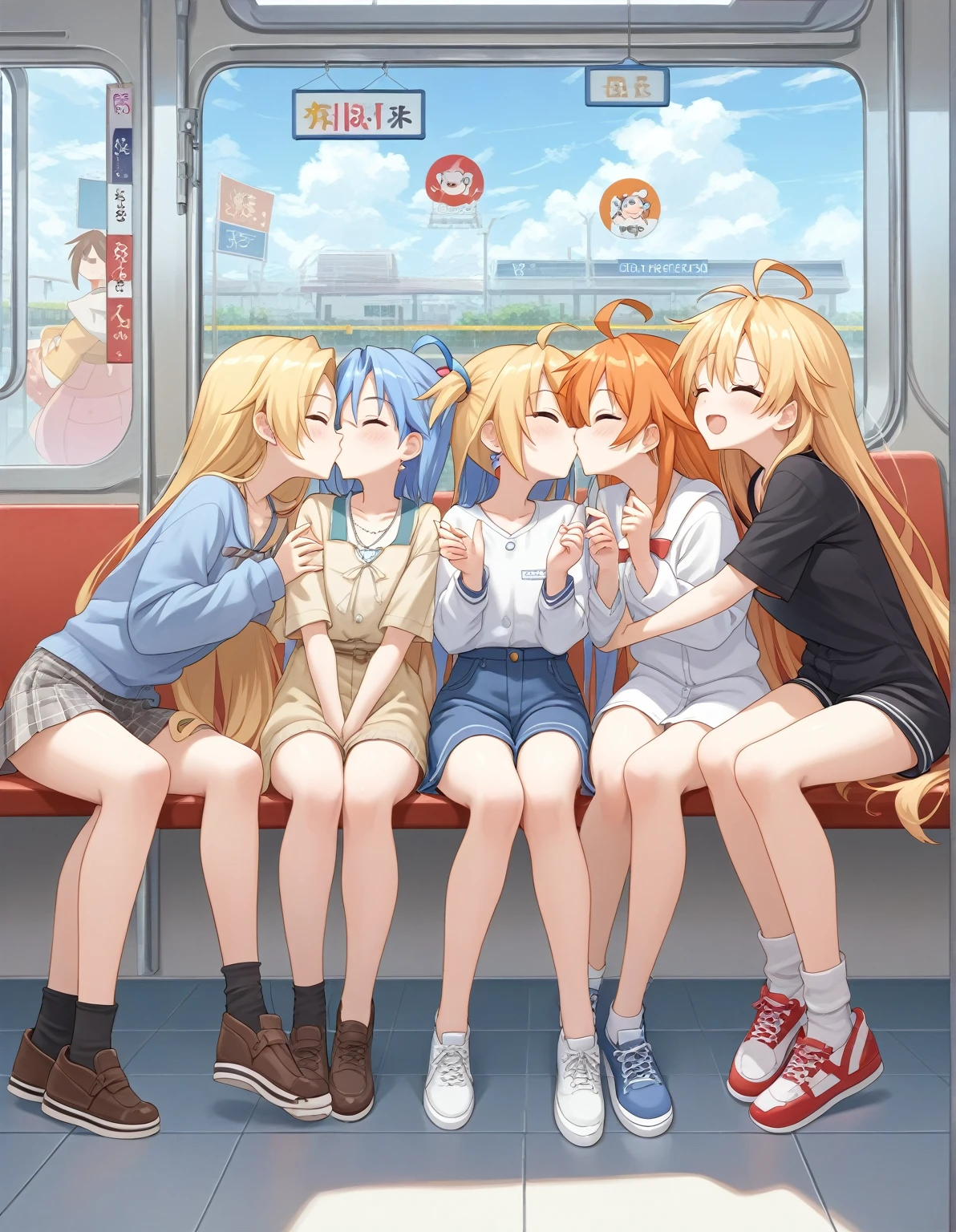 Three girls sitting on a subway bench with their backs to the camera, Naughty Anime style, Anime girls, Naughty,   kissing cutely  , in style of  Kyoto Animation , Lucky Star, cute Anime, dlc,  Kyoto Animation , Naughty style,  hololive , Anime! 4k yen, Anime! 4K, Anime moe artstyle,  happy !!!