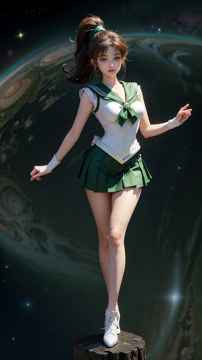   Masterpiece ,  It's high definition  ,8k resolution, It's high definition  model, Sailor Moon Jupiter ,  Beautiful Young Japanese Woman  ,1 person, Stunning High  , Little Smiles , Jupiter and Space Background  ,(  Green Sailor Warrior Uniform ),  Green Ultra Short Mini Skirt  ,  beautiful face, cute type,baby face,Slightly round face,Beautiful green eyes,  big eyes,Obvious double, Sparkling eye highlights,   Big Natural Colored Lips   , Light brown long hair ,  ponytail,  Beautiful Asymmetric Bang  ,   Floating Hair Nova Frog Style,   super real,  anatomically accurate  , textured skin,   perfect figure  ,  beautiful legs,  thick thighs  ,Big Breasts, balanced figure,