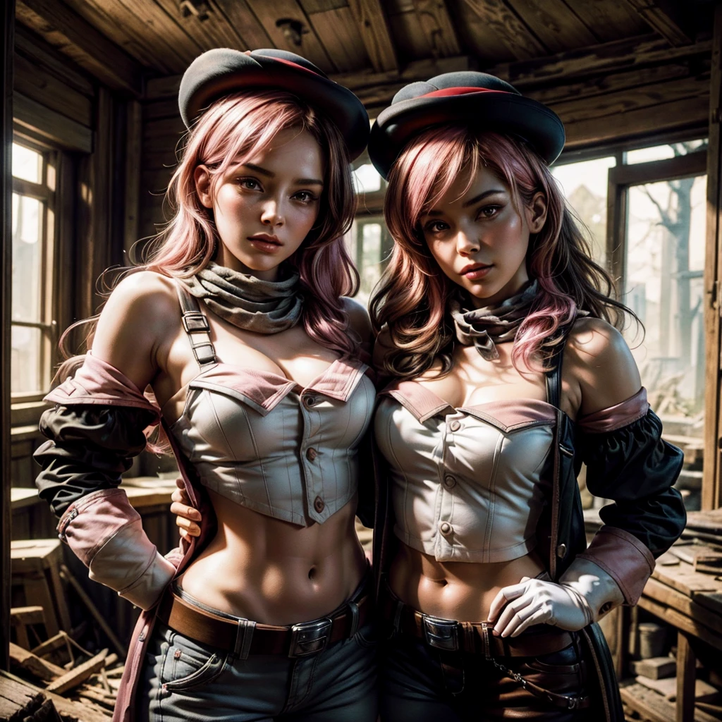 pink and brown hair, multicolored hair, neopolitanatlas, bowler hat, grey scarf, white gloves, white shirt, off-shoulder shirt, black sleeves, midriff, white belt, white pants, post apocalyptic scene, inside old cottage, debris, bonfire, standing near soldiers, crowd, cowboy shot, masterpiece, heart shaped face, elegant face, beautiful face, highly detailed face, highly detailed skin, skin pores, subsurface scattering, realistic pupils, looking at viewer, full lips, detailed background, depth of field, atmospheric perspective, volumetric lighting, sharp focus, absurdres, realistic proportions, good anatomy, (realistic, hyperrealistic:1.4), 16k hdr,