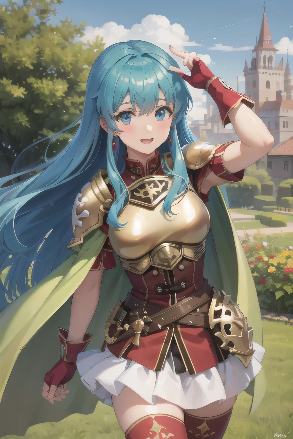 def_eirika,armor, shy, blush, white skirt, breastplate,  sleeveless, armpit, yellow cape, zettai ryouiki, fingerless gloves, thighhighs, thigh boots, jewelry, earrings, puffy short sleeves, shoulder armor,belt,red shirt,garden,castle,outdoors,(masterpiece, best quality, ultra-detailed, best shadow), 