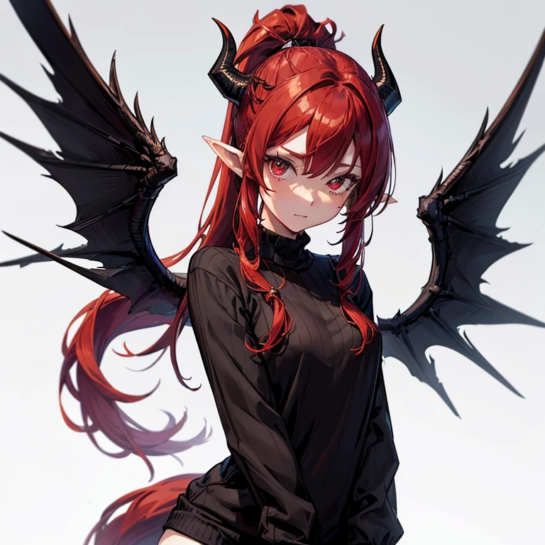 (best quality, masterpiece:1.1),   cowboy shot,  looking outside,  looking down, (1female), sleepy face, red hair, absurdly long hair, spiked hair,      (fangs), (vampire), bet wings, african clothes, jewelry, hair ornaments, (tribe, tribal:1.2), (dressed in a warm and white cozy dress), winter clothes, (grey background:1.3),