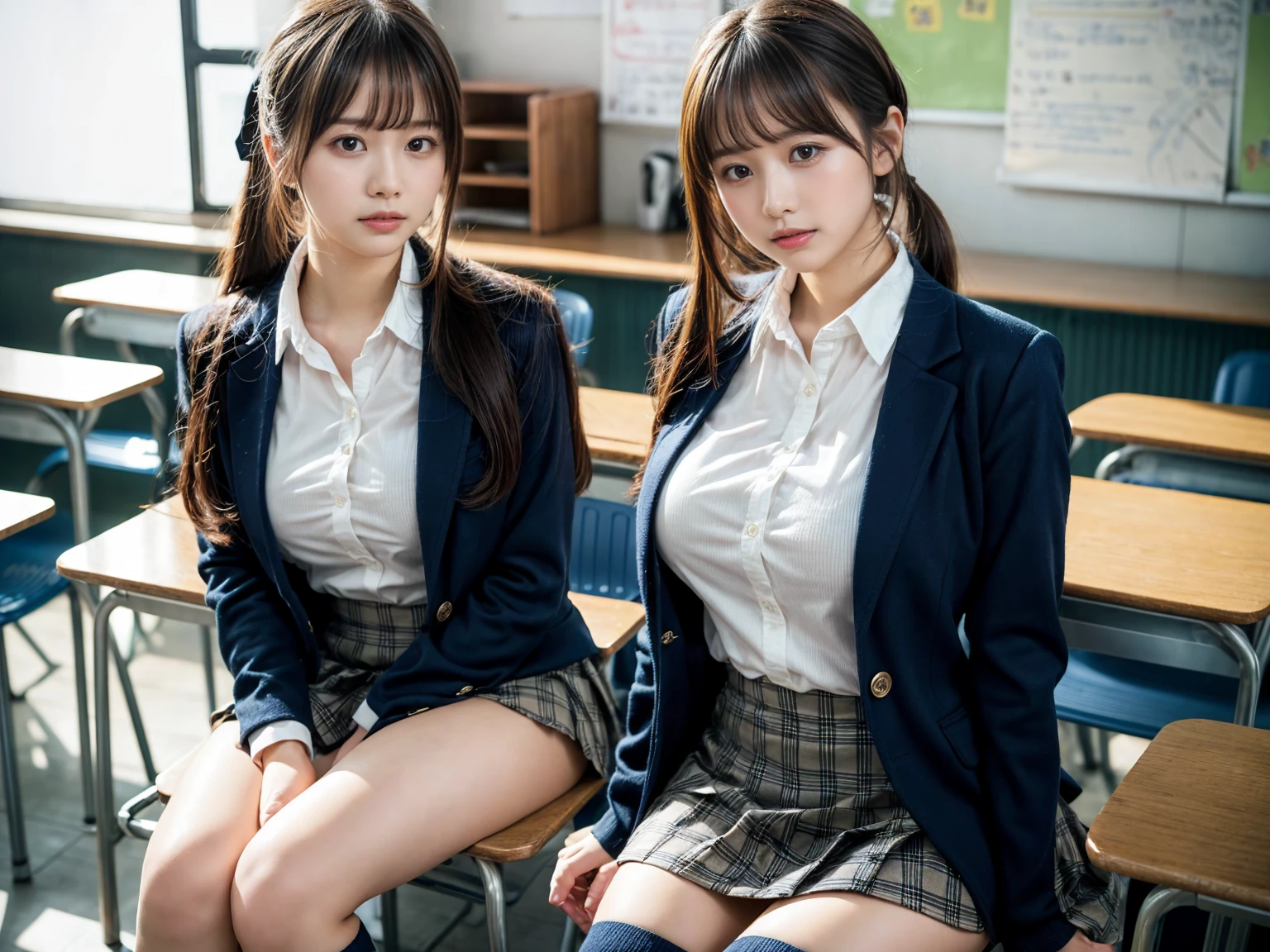 masutepiece, Best Quality, japanaese girl, 8k, Raw photo, top-notch quality, masutepiece, nffsw:1.2, exceptionally detailed RAW color 
 photo, professional-grade photograph, (Realistic, Photorealistic:1.37), (highly detailedskin:1.2), Ultra-high resolution, (lenz 50mm), (masutepiece, top-quality:1.3), (Ultra detailed 8k cg:1.2), (hyper realisitic:1.35), (Photorealistic:1.45), (Realistic:1.4), Cowboy Shot,
1 beautiful Japanese girl, 22 years old, super model, Japanese Idol, __expression__, Large breasts, (sitting on the desk:1.1), (School uniform:1.4), (Spread legs:1.2),
(School classroom background:1.1)、Korean Idol、Nogizaka Idol、hposing Gravure Idol、Adults、actress、１People Shooting