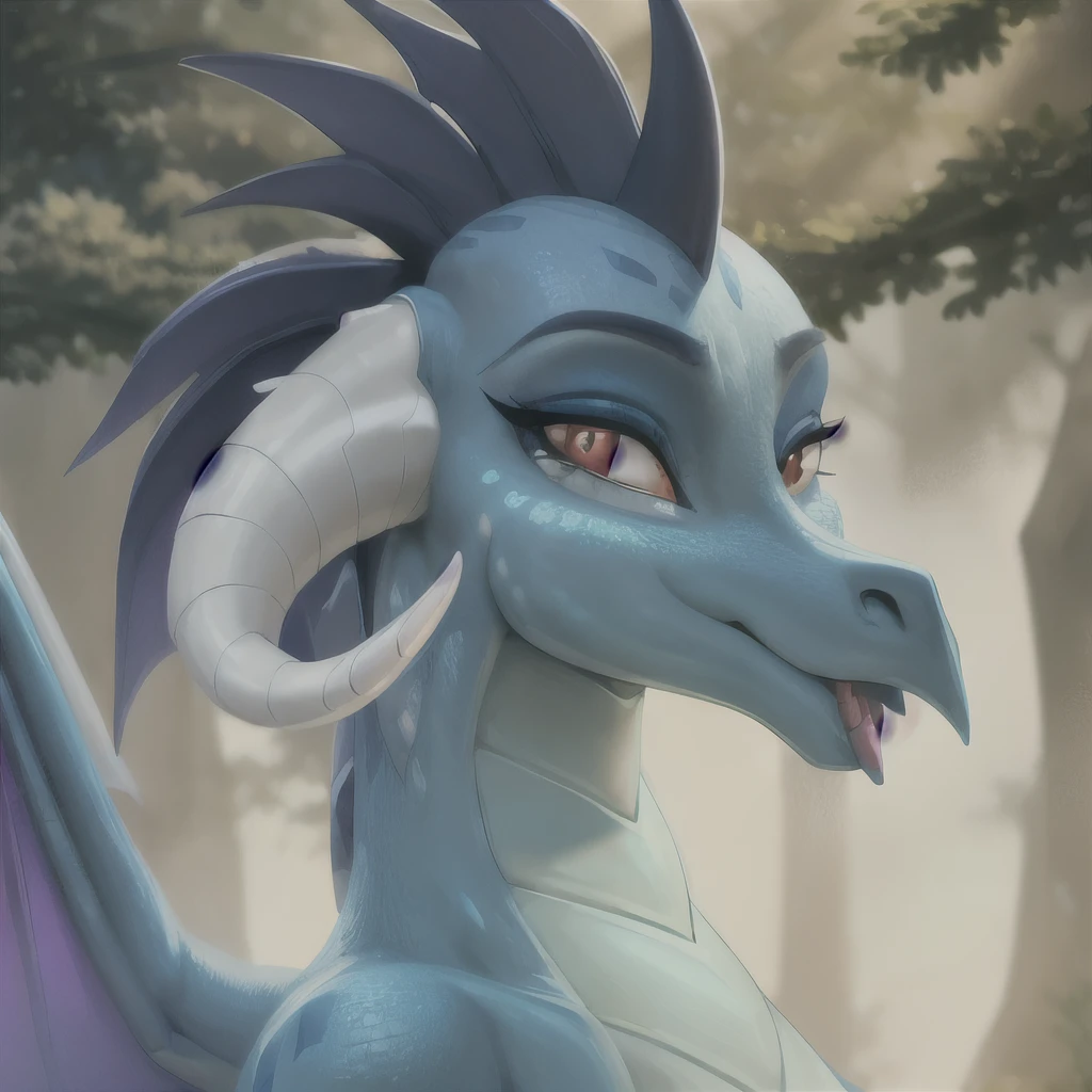 (best quality, masterpiece:1), scalie female anthro princessember, dragon, portrait, dragon horns, beautiful scales, (slit pupils:1.2), red eyes, looking at viewer, tongue out, smile, detailed octane render, (fantasy forest background:1.0),