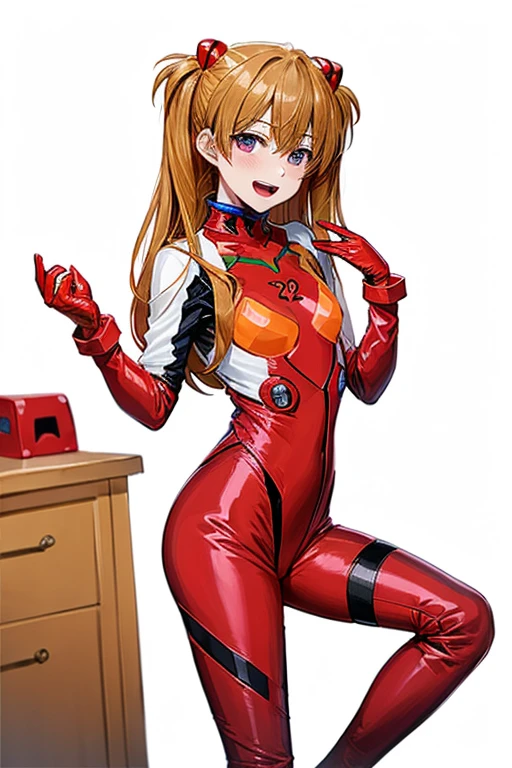 (( best quality)), ((masterpiece)), (be familiar with),  perfect face, indoor, bedroom,  viewer,
One woman,  Soryu Asuka Langley ,
 open mouth,  ecstatic expression with hands in front of body, blush, smile,
Small breasts,  flat chested, Young girl, Lori,  s,  girl,
 long hair,  twin tails,
Leg spread,